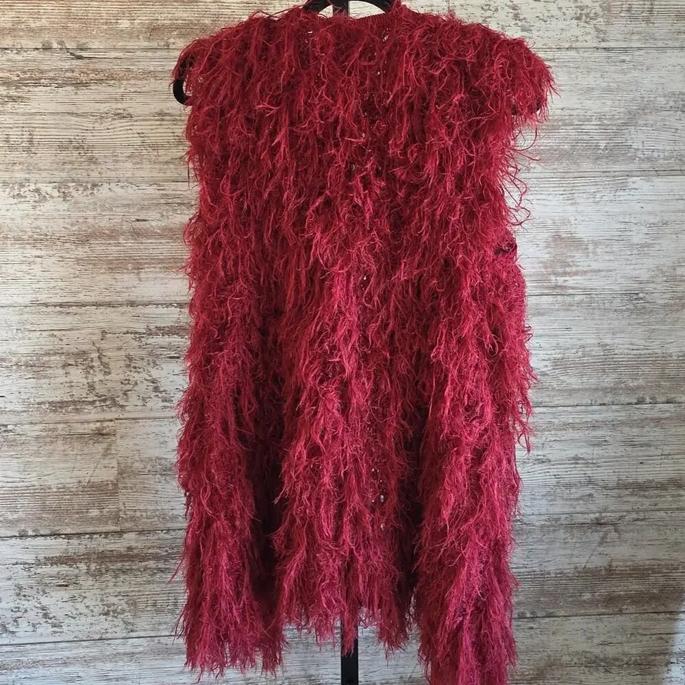 Vertigo Paris Red Fuzzy Open Front Vest Womens Size XS/S NWT